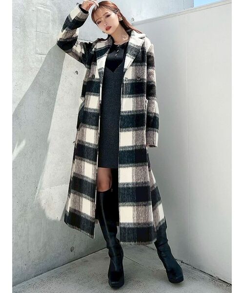 エムズグレイシー ブラック×ホワイト チェックコート 美品 襟取り外し可 上品 RESEXXY（リゼクシー） コート アウター ミディレングスシャギー
