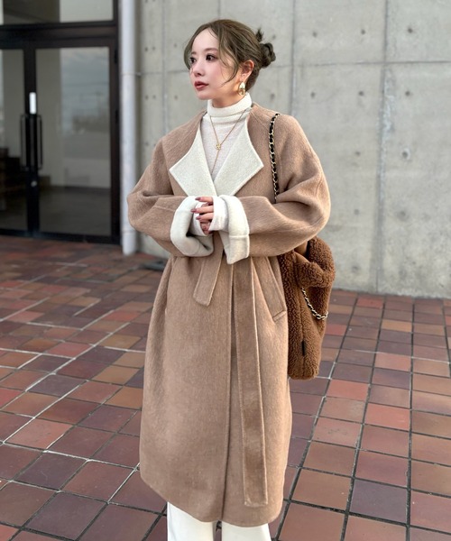 ノーカラーコート コート shaggy bicolor belted coat /コットンウール