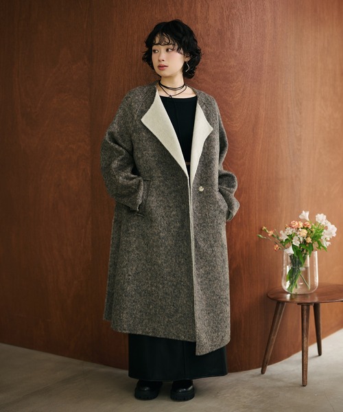 ノーカラーコート コート shaggy bicolor belted coat /コットンウール