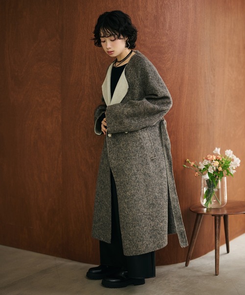 ノーカラーコート コート shaggy bicolor belted coat /コットンウール