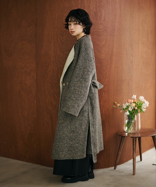 nowos シャギーコート　美品 ノーカラーコート コート shaggy bicolor belted coat /コットンウール
