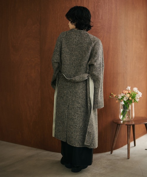 ノーカラーコート コート shaggy bicolor belted coat /コットンウール