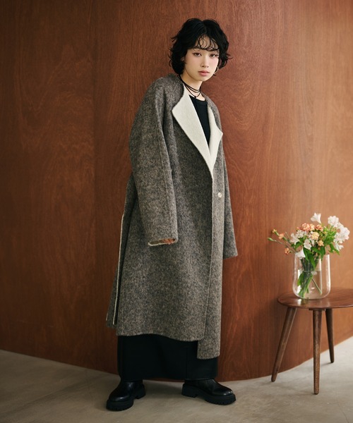 ノーカラーコート コート shaggy bicolor belted coat /コットンウール