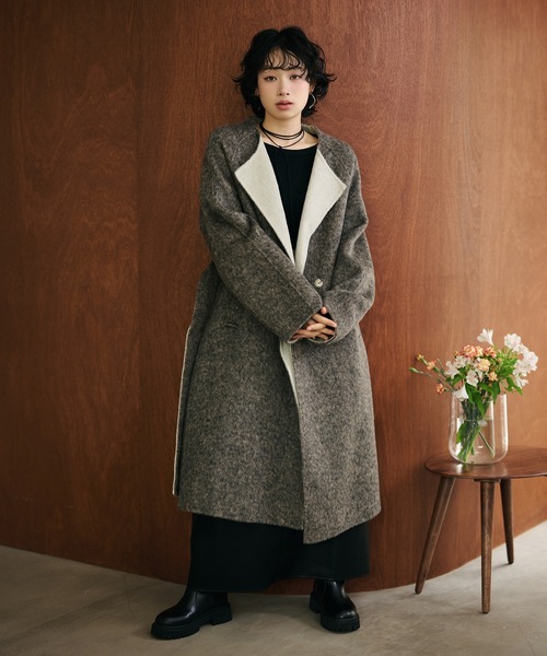 nowos シャギーコート　美品 ノーカラーコート コート shaggy bicolor belted coat /コットンウール