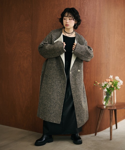 ノーカラーコート コート shaggy bicolor belted coat /コットンウール