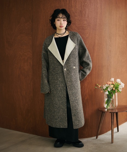 ノーカラーコート コート shaggy bicolor belted coat /コットンウール