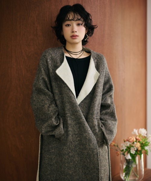 ノーカラーコート コート shaggy bicolor belted coat /コットンウール