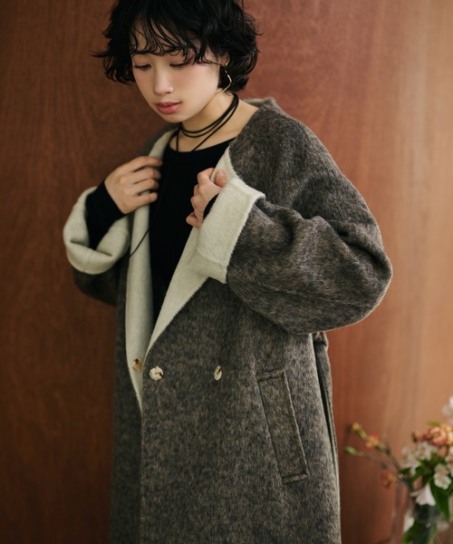 ノーカラーコート コート shaggy bicolor belted coat /コットンウール