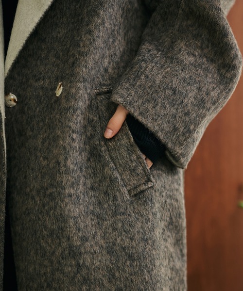 ノーカラーコート コート shaggy bicolor belted coat /コットンウール