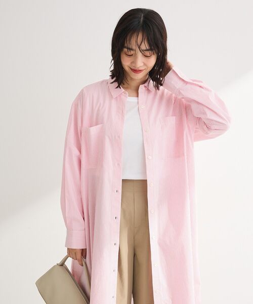 美品　ヌキテパ　 ロングシャツワンピース ピンク　コットン　洗える Green Parks（グリーンパークス） シャツワンピース UVカットシャツ