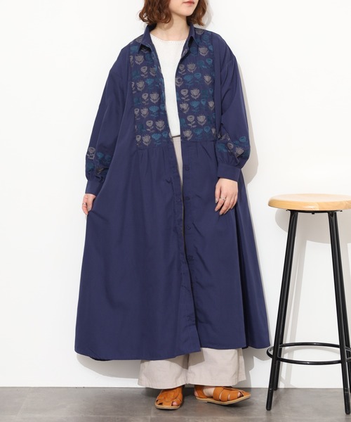 新品　SCAPA　インディゴシャツワンピース　刺繍　2way　42　XL Emago（イマゴ） シャツワンピース EMAGO 2色北欧花刺繍ワンピース