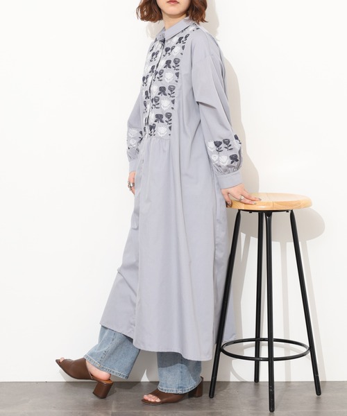 新品　SCAPA　インディゴシャツワンピース　刺繍　2way　42　XL Emago（イマゴ） シャツワンピース EMAGO 2色北欧花刺繍ワンピース
