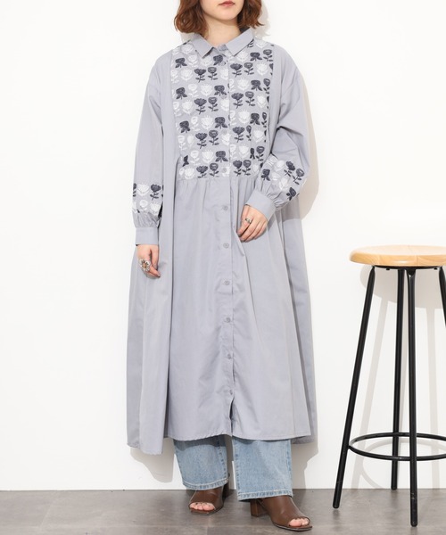 Emago（イマゴ） シャツワンピース EMAGO 2色北欧花刺繍ワンピース