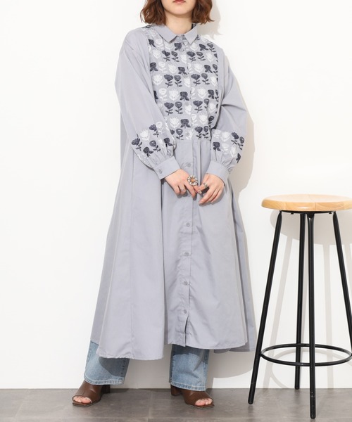 Emago（イマゴ） シャツワンピース EMAGO 2色北欧花刺繍ワンピース