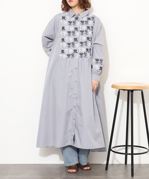 Emago（イマゴ） シャツワンピース EMAGO 2色北欧花刺繍ワンピース