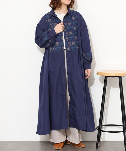 新品　SCAPA　インディゴシャツワンピース　刺繍　2way　42　XL Emago（イマゴ） シャツワンピース EMAGO 2色北欧花刺繍ワンピース