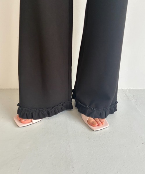 FUULLY STUDIO パンツ フリルヘムセミフレアパンツ レディース