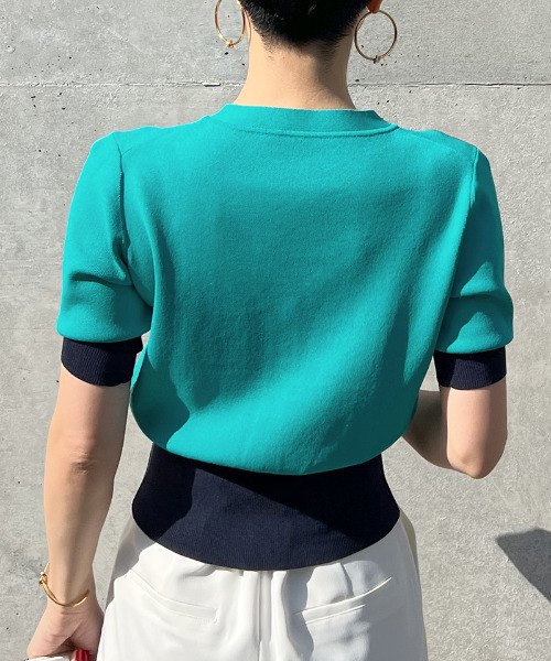 美品　JENNE 配色5分袖カーディガン　ターコイズ カーディガン Mサイズ JENNE 配色5分袖ニットカーディガン（ニット/セーター）｜JENNE