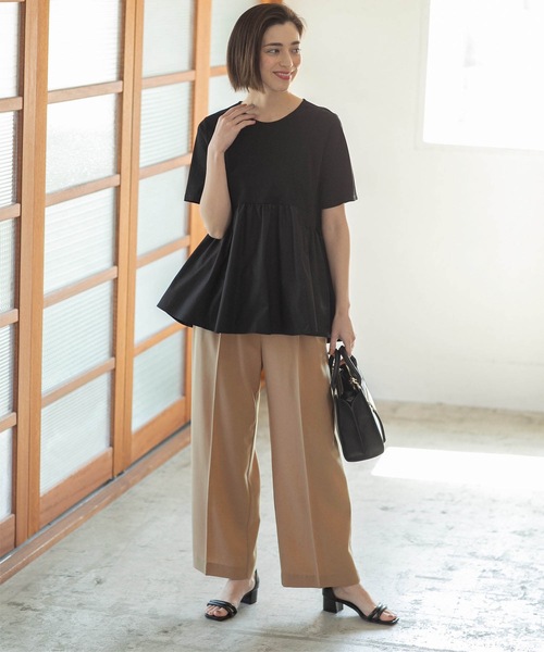 OPAQUE.CLIP tシャツ 異素材Aラインカットソー シルク調コットン