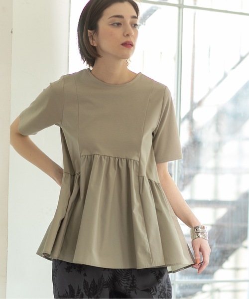 OPAQUE.CLIP tシャツ 異素材Aラインカットソー シルク調コットン