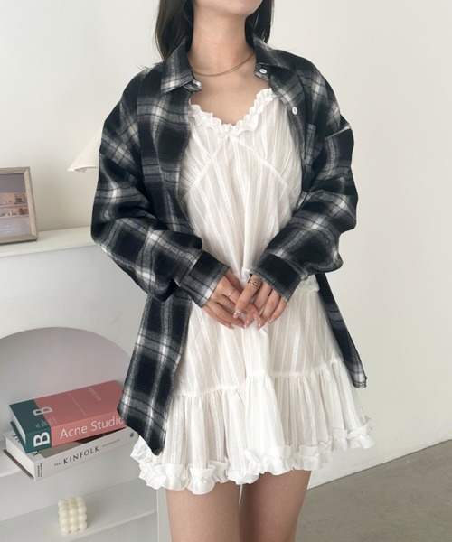 ブラウス シャツ ビッグカフスチェックシャツ レディース ビッグカフスクロップドチェックシャツ（シャツ/ブラウス