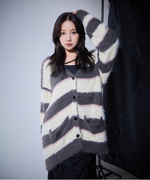 カーディガン UNISEX ボーダーシャギーカーデ レディース ANDGEEBEE カーディガン UNISEX ボーダーシャギーカーデ