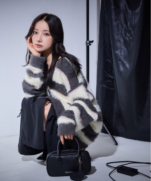 カーディガン UNISEX ボーダーシャギーカーデ レディース ANDGEEBEE カーディガン UNISEX ボーダーシャギーカーデ