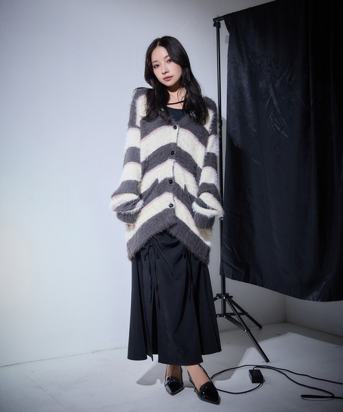 カーディガン UNISEX ボーダーシャギーカーデ レディース ANDGEEBEE カーディガン UNISEX ボーダーシャギーカーデ