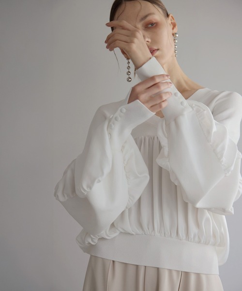tシャツ Volume Gather MIx Knit Tops レディース