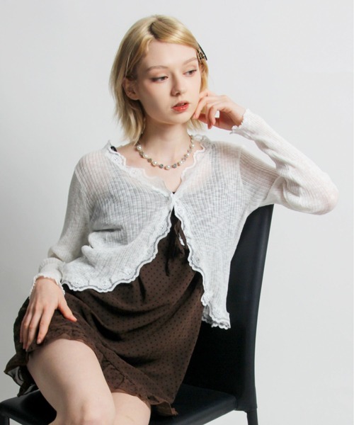 LIMI feu リミフゥ　変形ブラックカーディガン　レース　シアー FLOWER SHIRRING SLIT CARDIGAN(S Black): LIMI feu｜THE SHOP YOHJI