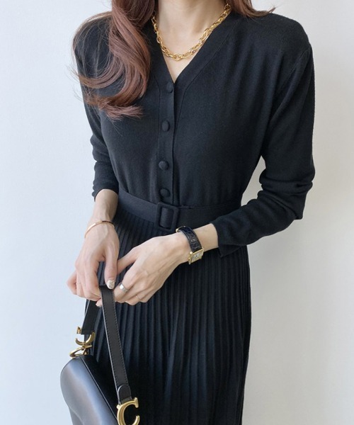 SEU ワンピース ベルト付き Vネックプリーツ ニットワンピース ロング