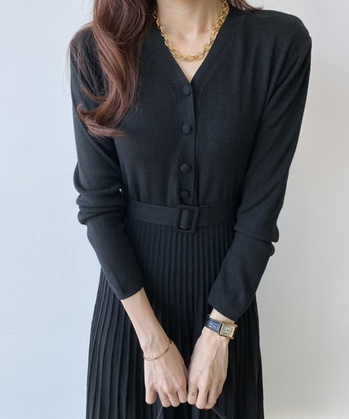 SEU ワンピース ベルト付き Vネックプリーツ ニットワンピース ロング