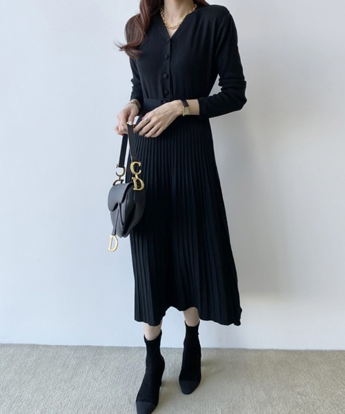 SEU ワンピース ベルト付き Vネックプリーツ ニットワンピース ロング
