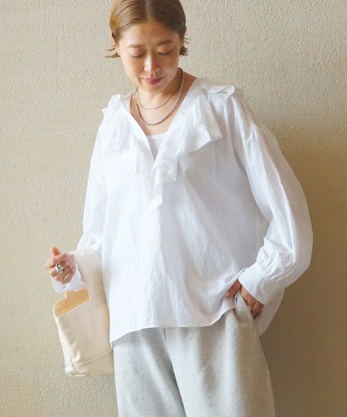 ブラウス シャツ シャンブレーラッフルリラックスシャツ レディース メンズ JOURNAL STANDARD LUXE ブラウス シャツ ラッフルフリルプル