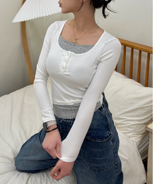 ヘンリーネック tシャツ スクエアヘンリーネックレイヤードトップス