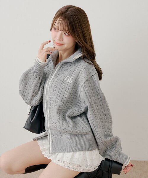 Chiko ニット ダブルフォックス ロゴ刺繍 グレー 美品 L 灰 Chico（チコ） ニット セーター 「セットアップ対応」ダブルジップ