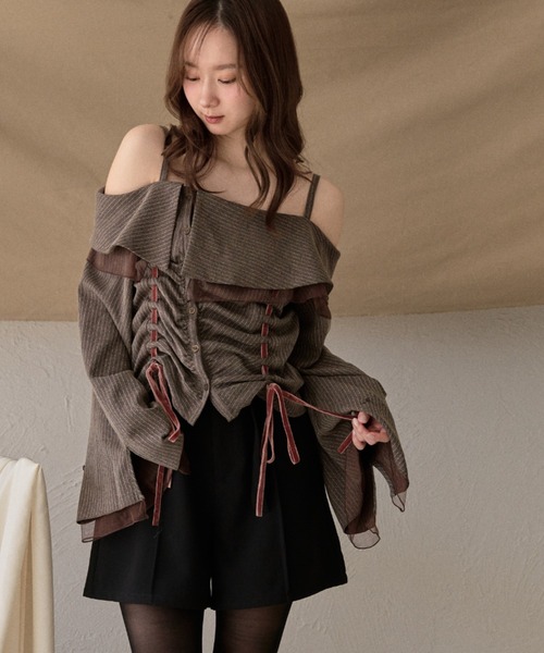 mideal（マイディール） ブラウス シャツ frill offshoulder stitch