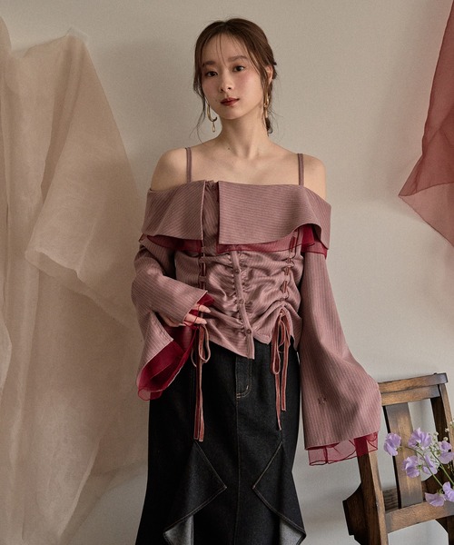 mideal（マイディール） ブラウス シャツ frill offshoulder stitch