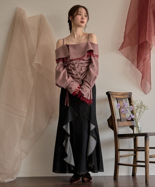 フリルオフショルダーステッチリボントップス mideal（マイディール） ブラウス シャツ frill offshoulder stitch