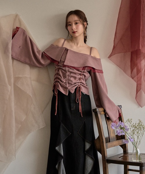mideal（マイディール） ブラウス シャツ frill offshoulder stitch 