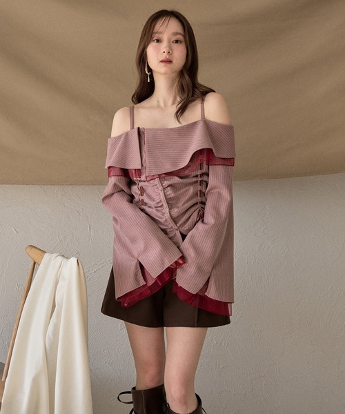 mideal（マイディール） ブラウス シャツ frill offshoulder stitch
