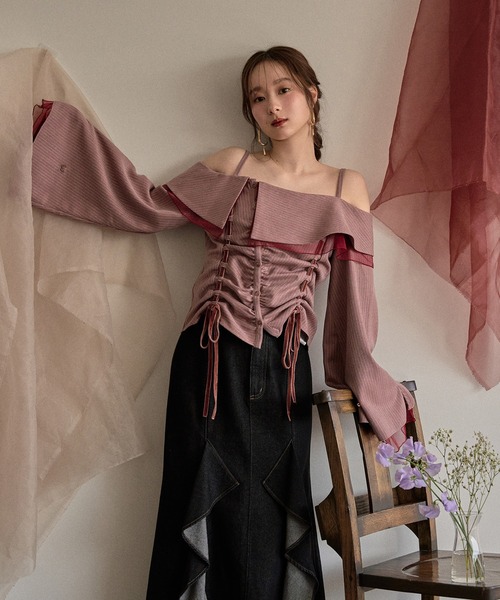 mideal（マイディール） ブラウス シャツ frill offshoulder stitch