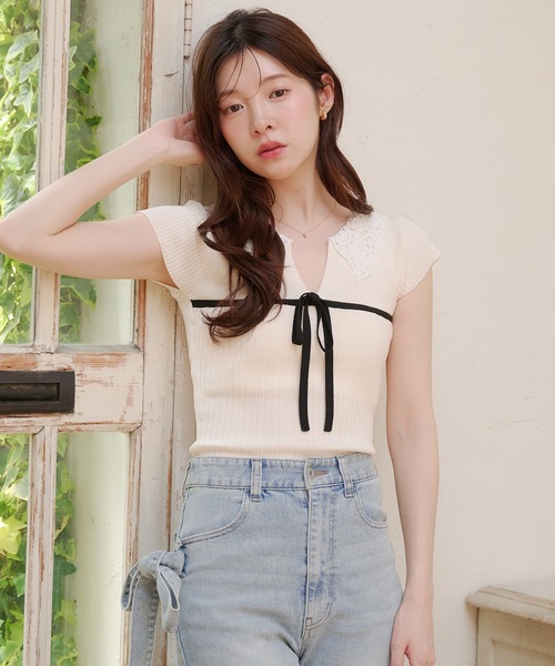 ニット セーター lace collar knit tops / レース襟ニットトップス レディースの画像