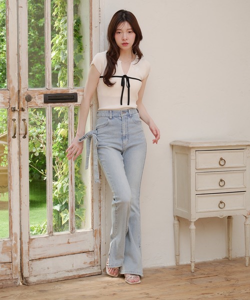 ニット セーター lace collar knit tops / レース襟ニットトップス レディースの画像