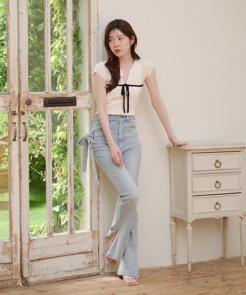 ニット セーター lace collar knit tops / レース襟ニットトップス レディースの画像