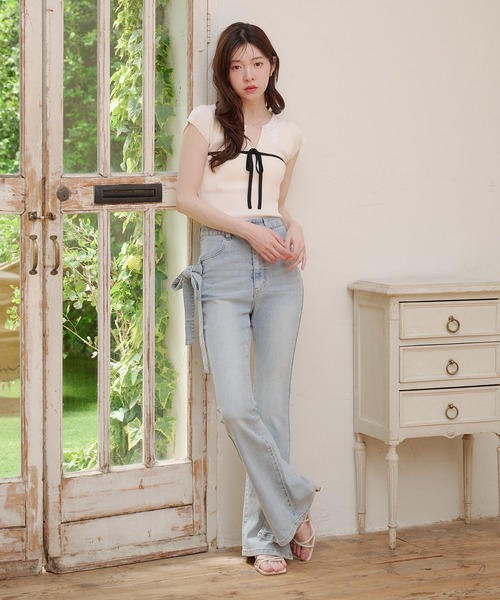ニット セーター lace collar knit tops / レース襟ニットトップス レディースの画像