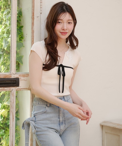 ニット セーター lace collar knit tops / レース襟ニットトップス レディースの画像