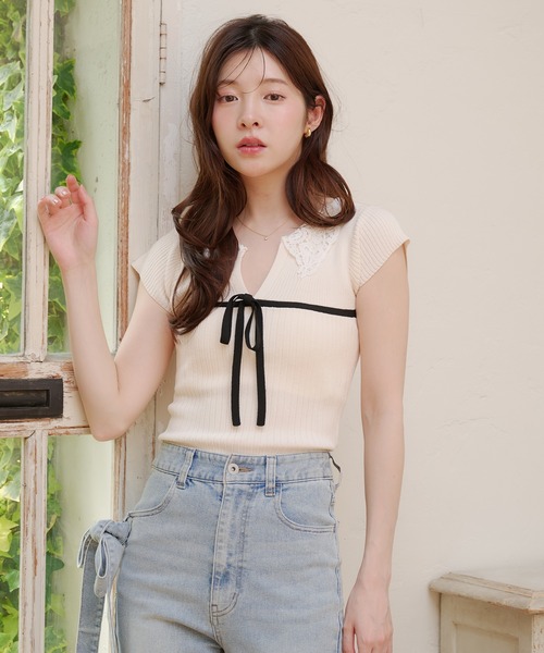 ニット セーター lace collar knit tops / レース襟ニットトップス レディースの画像