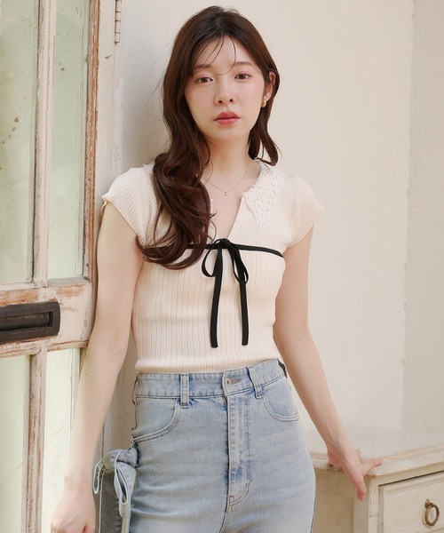 ニット セーター lace collar knit tops / レース襟ニットトップス レディースの画像