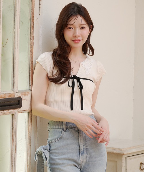 ニット セーター lace collar knit tops / レース襟ニットトップス レディースの画像